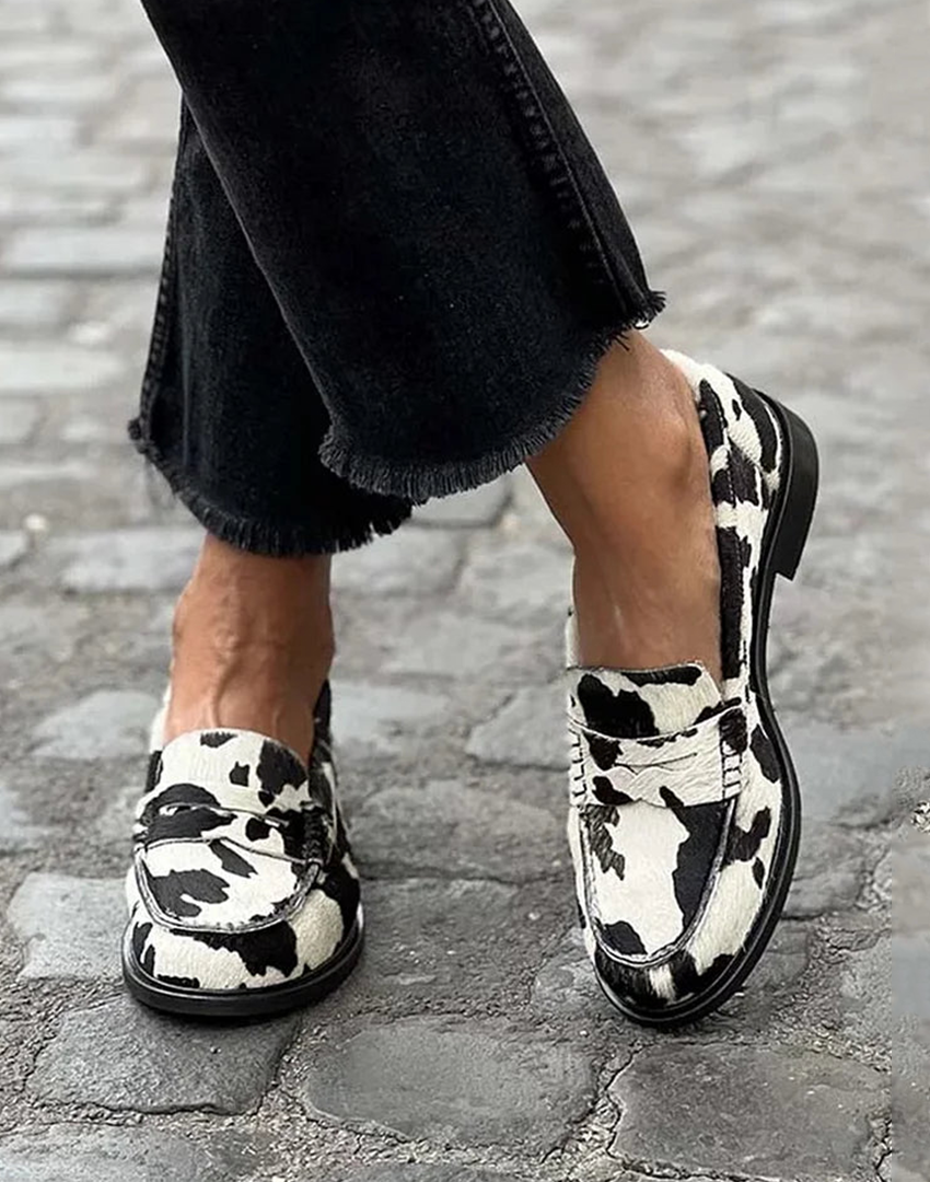 Emeryn Cow-Print Loafers