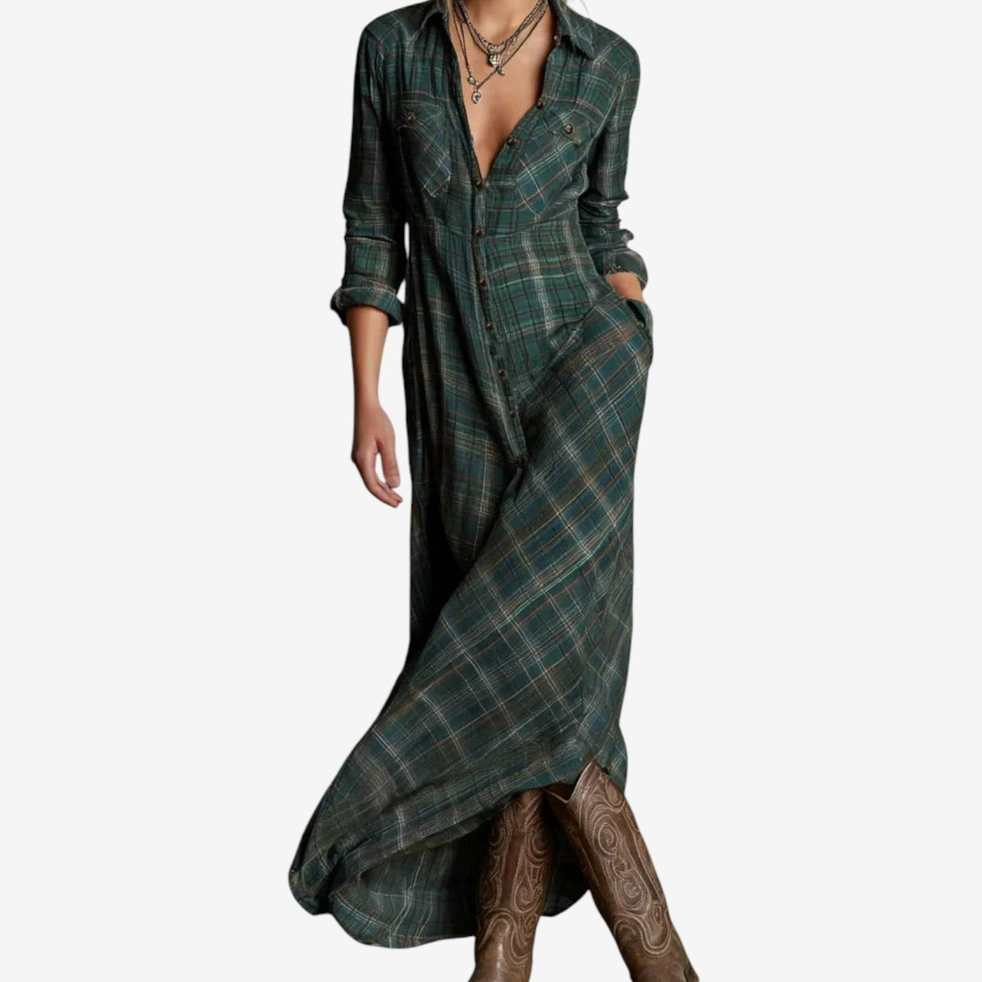 Lily Plaid Maxi Shirt Dress in Boho Style