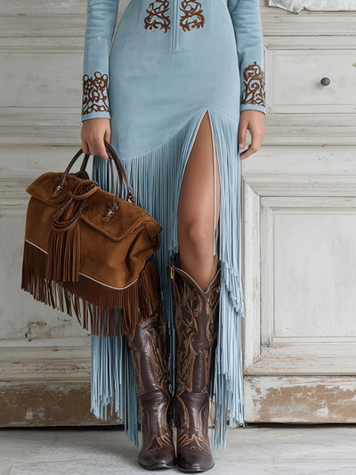 Claudine's Elegant Autumn Embroidered Fringe Gown